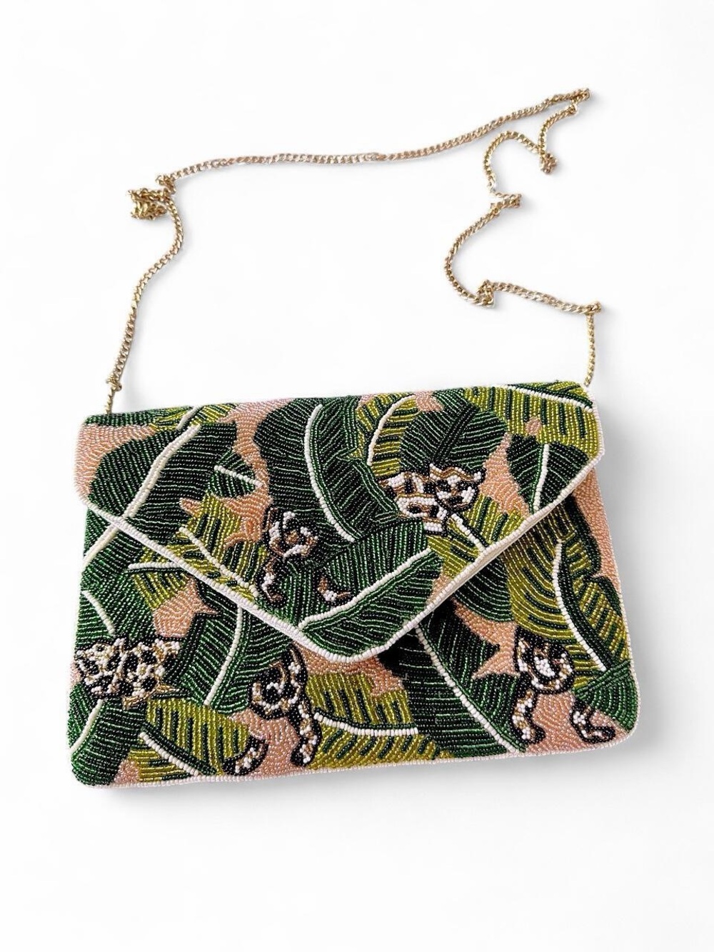 Cheetah Leaf Blush Handmade Beaded Clutch